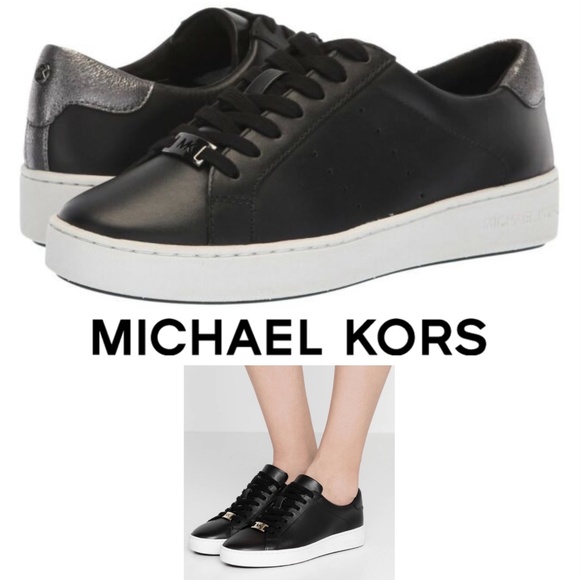 Michael Kors Shoes - MICHAEL KORS Irving Lace Up Black Leather Silver Fashion Sneakers Flat Platform